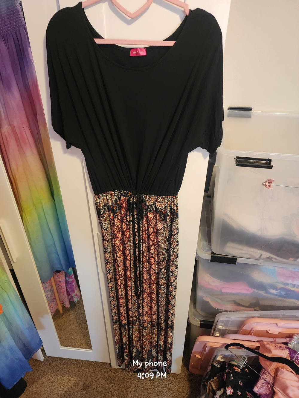 Black Top with Patterned Maxi Skirt Drawstring Waist Dress